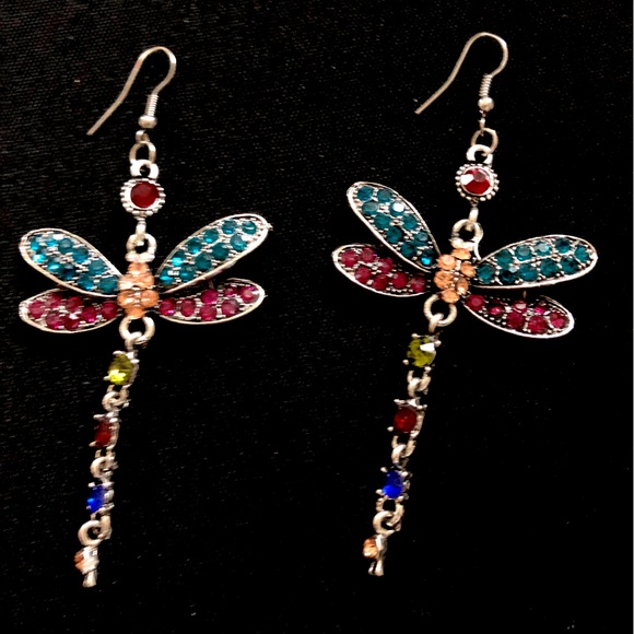 Dragonfly earrings large dangle hook silver rhinestones whimsical vintage - Picture 6 of 9